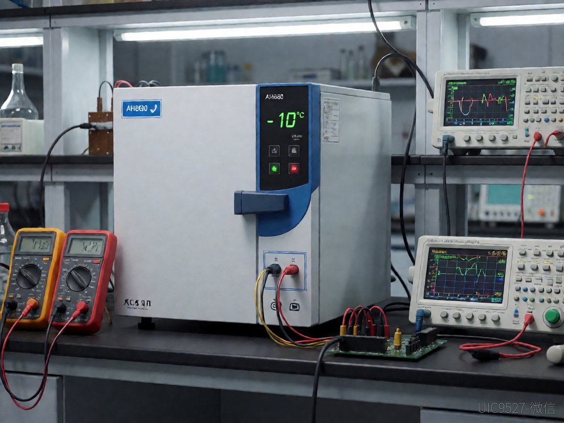 48V转3.3V/3A车充芯片AH8680近半年实测:从温漂、ESD与EMI看电动工具电源可靠性 实验室场景:温箱设置为-10°C,连接AH8680电路板,仪器正在监测电压效率。(AI 生成)