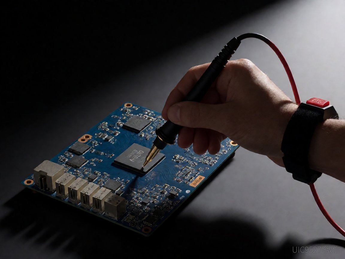 48V转3.3V/3A车充芯片AH8680近半年实测:从温漂、ESD与EMI看电动工具电源可靠性 ESD测试:戴防静电手环的手用探头对AH8680附近测试点进行静电放电,产生电火花。(AI 生成)