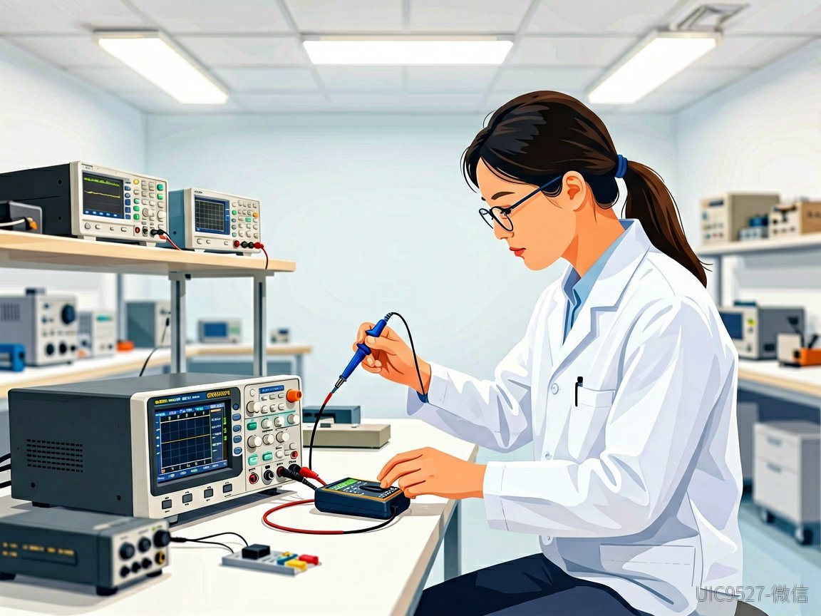 AH8602宽压降压方案实测:车充易用,储能需谨慎,别信纸面9.4%效率 技术人员用万用表测试电源参数(AI 生成)