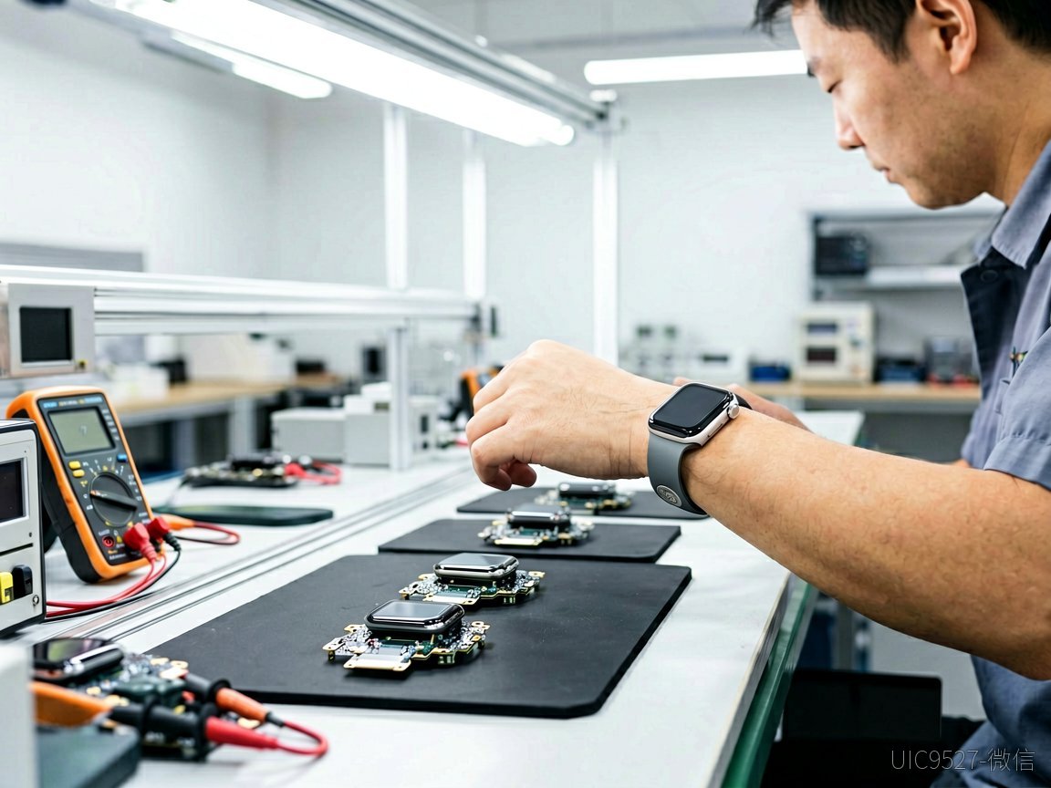 Technician testing smartwatch circuit board on assembly line（AI 生成）