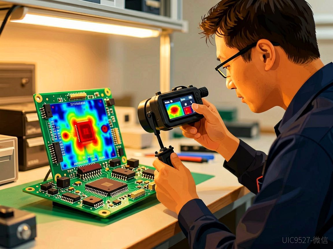 选对电路符号,解决MOS管布局打架:一个成都产线的选型调试实录 工程师用热成像仪检测PCB板上MOS管区域的温度分布(AI 生成)