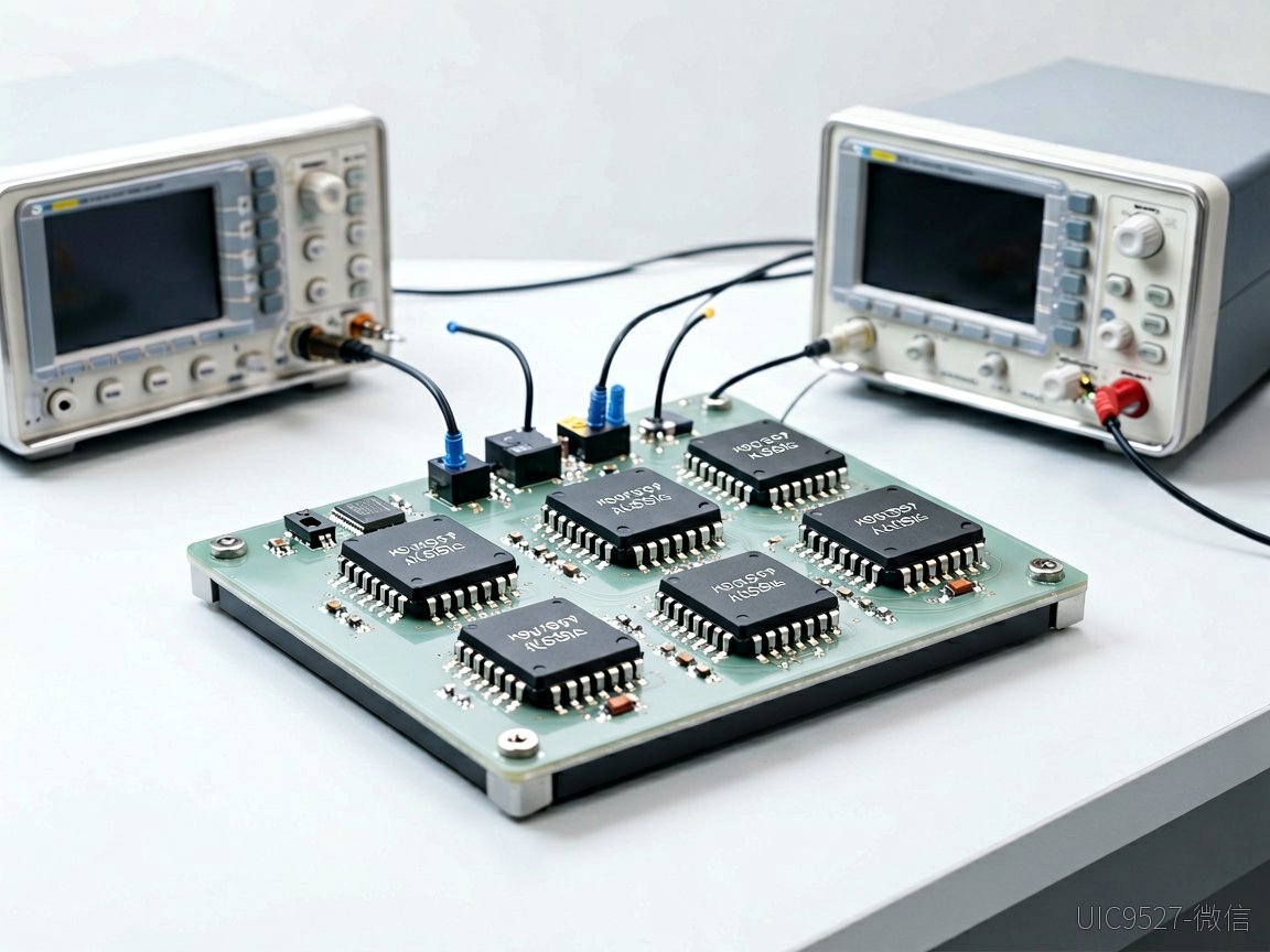 Power management integrated circuits mounted on a laboratory test fixture with measurement probes（AI 生成）