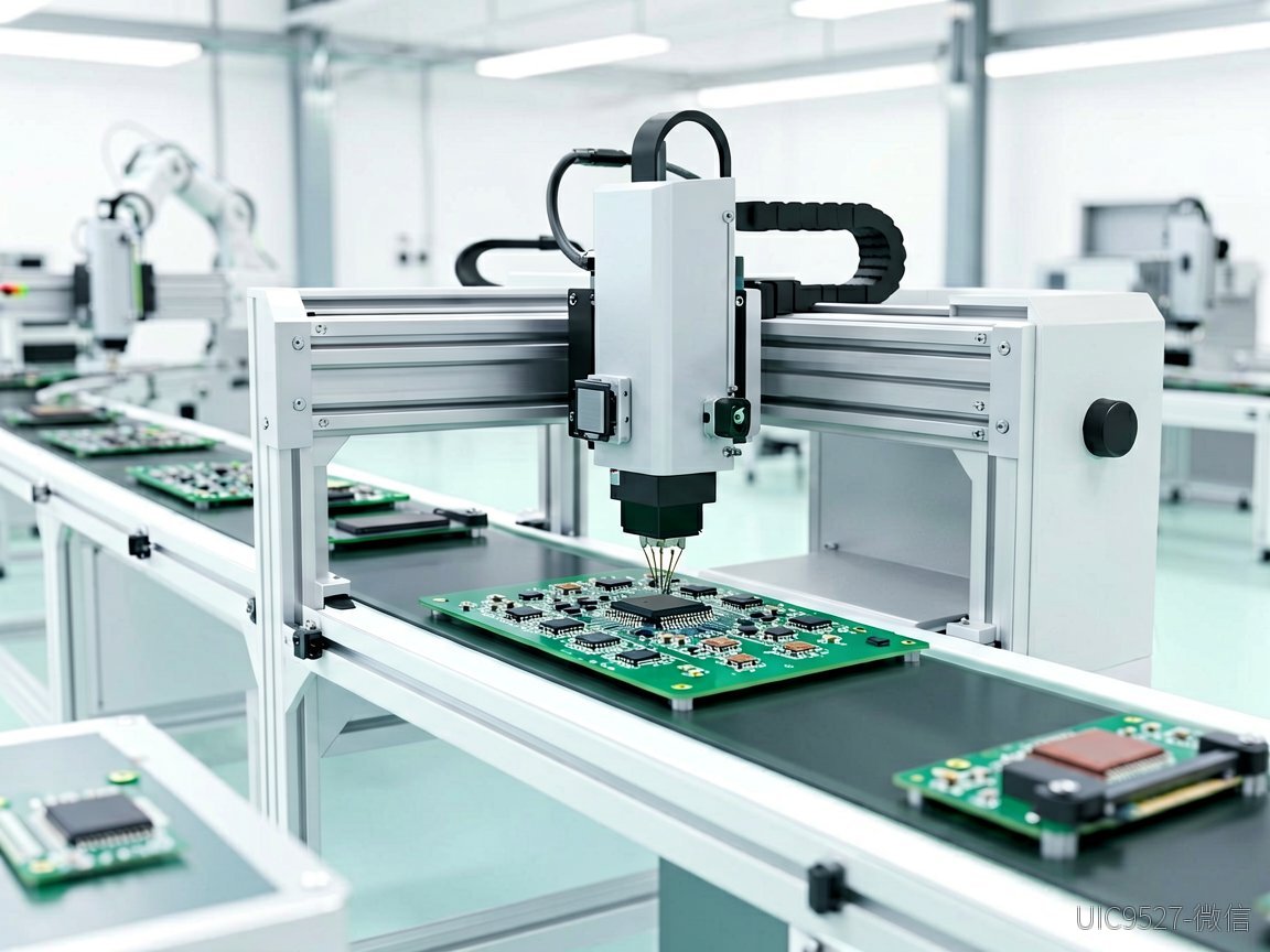 Automated SMT machine placing chips onto a circuit board on a factory production line（AI 生成）