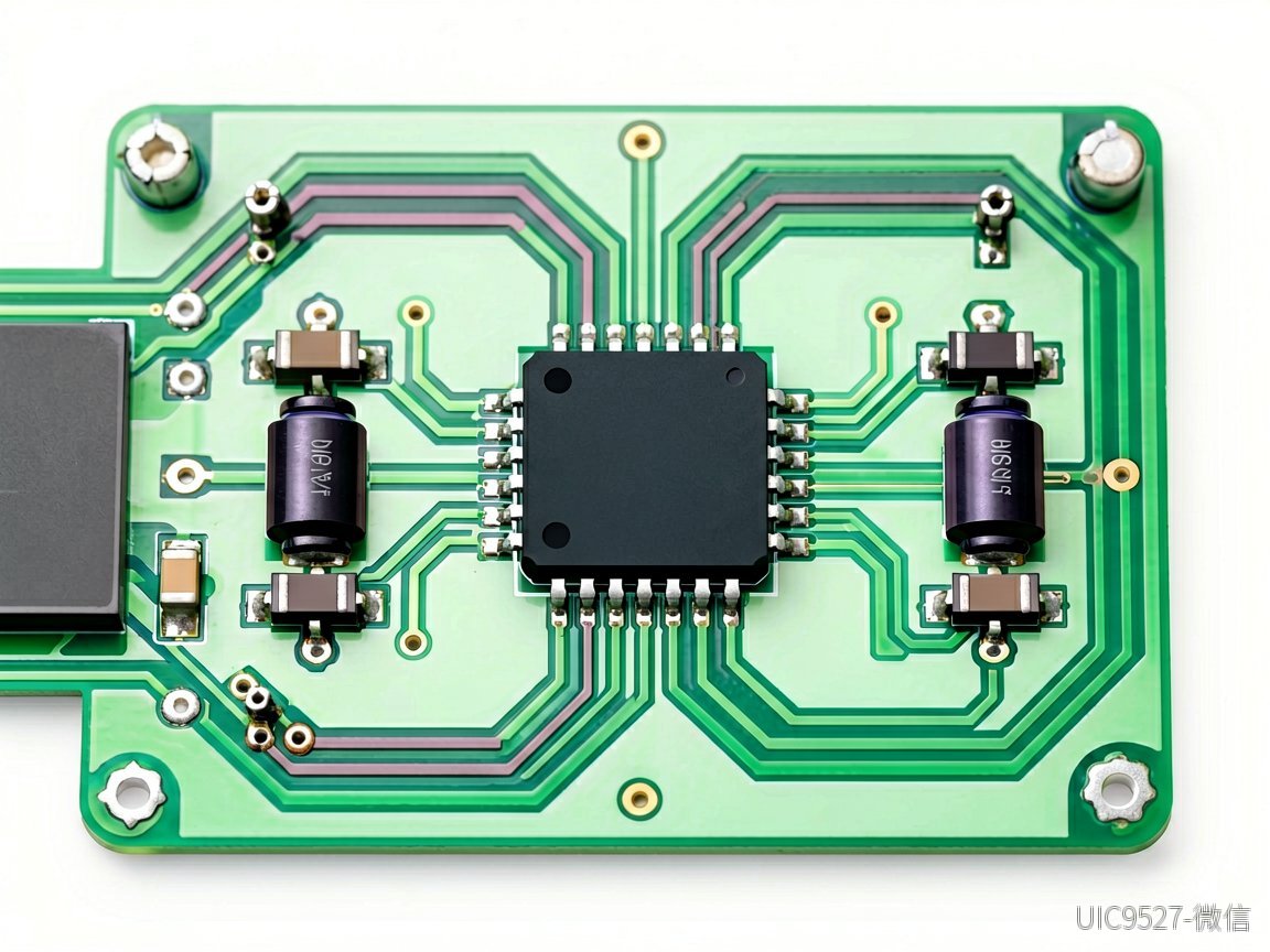 PCB上宽走线与大电流回路布局及升压芯片和滤波电容特写（AI 生成）