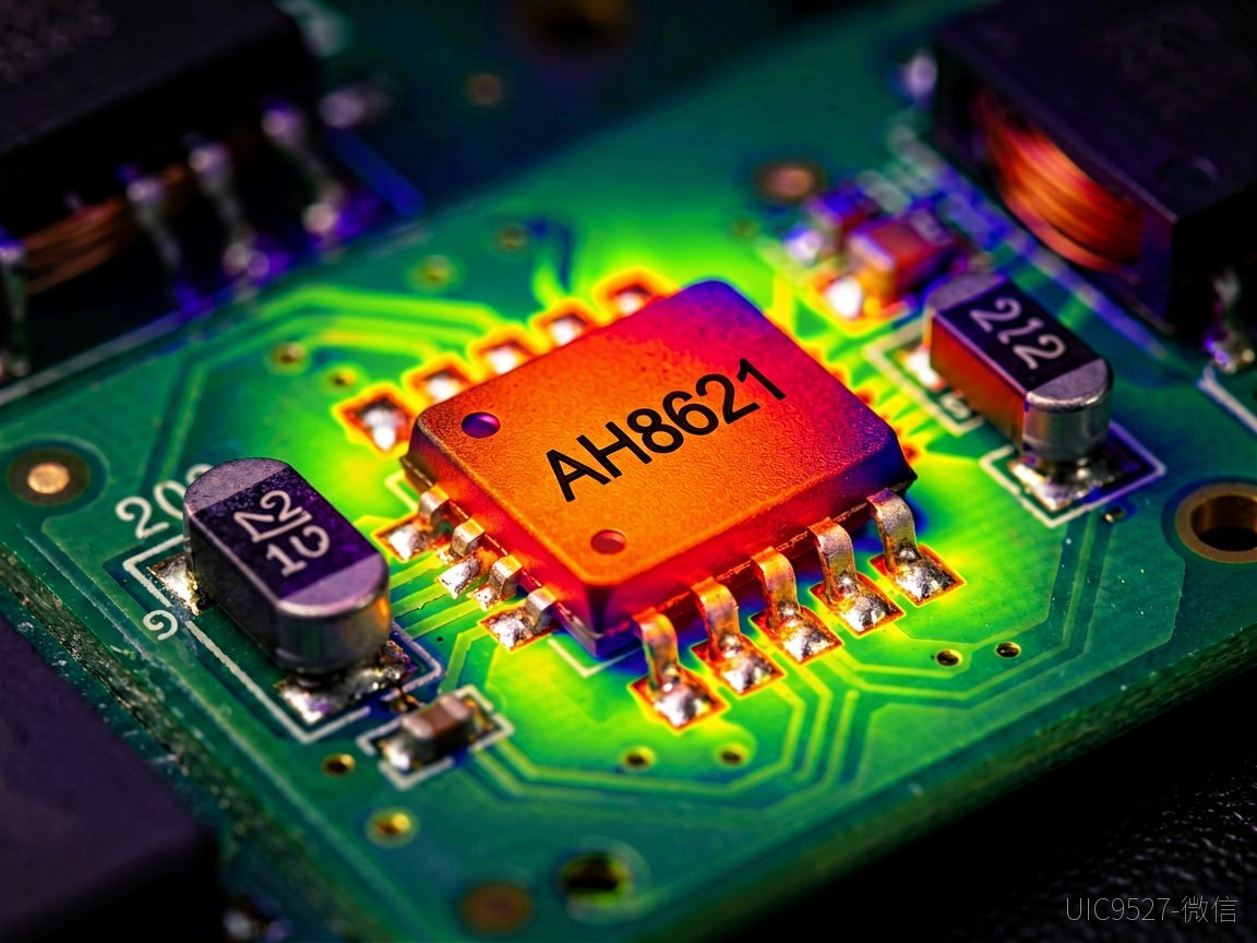 AH8621芯片特写，绿色PCB板上焊接着电感和电容，热成像叠加显示温度分布（AI 生成）