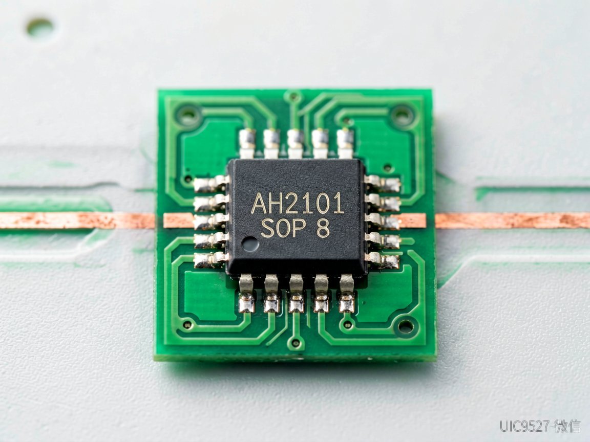 AH2101芯片安装在绿色PCB板上，铜箔走线细节分明（AI 生成）