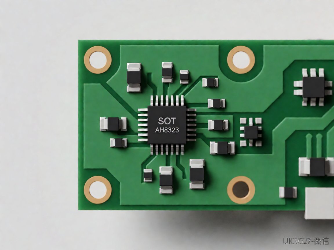 绿色PCB板上安装的SOT23-6封装AH8323触摸IC芯片及贴片元件特写（AI 生成）