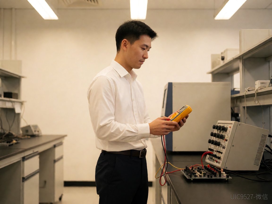 工程师在实验室用万用表测量电路板的场景（AI 生成）