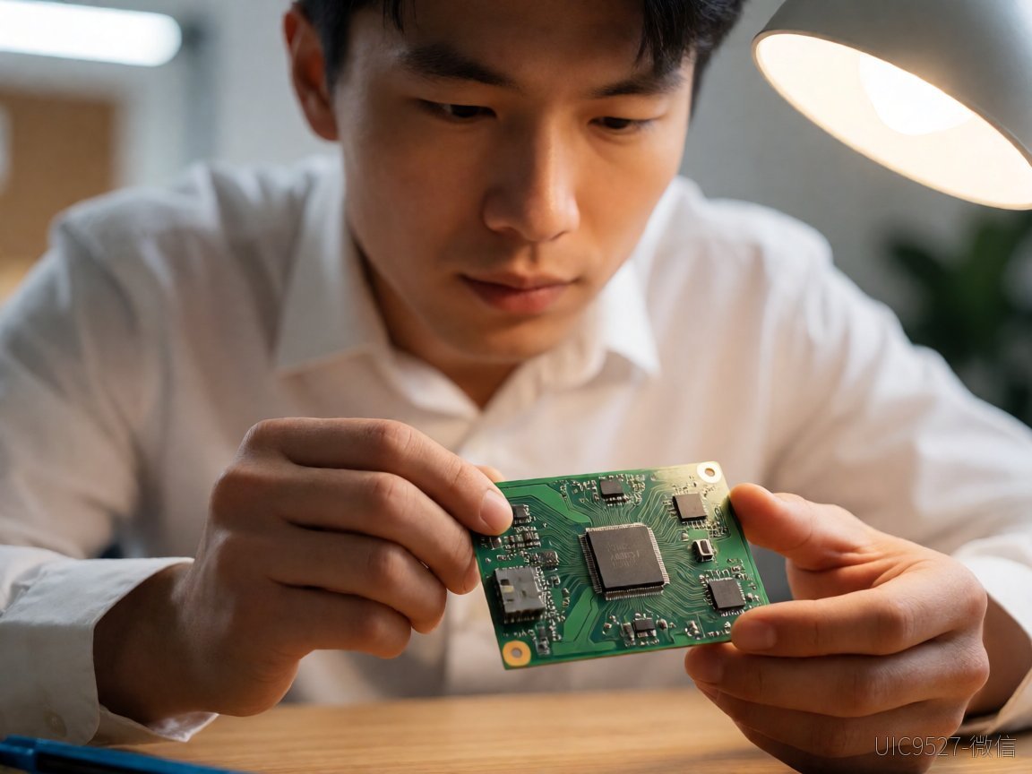 同是24V转3.3V 6A,为何你的方案总在温漂和EMI上栽跟头?24V转3.3V 6A AH8317芯片 工程师俯身检查载有降压芯片的绿色电路板(AI 生成)