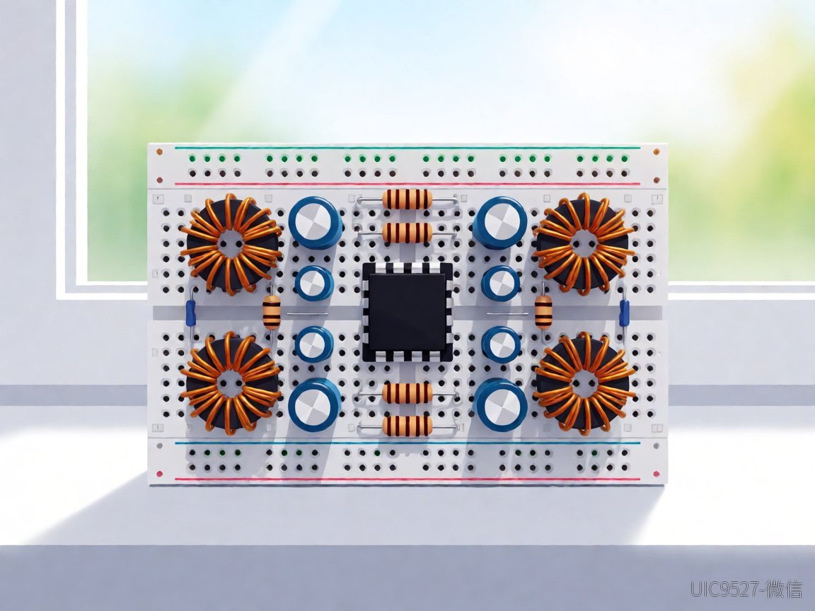 同是24V转3.3V 6A,为何你的方案总在温漂和EMI上栽跟头?24V转3.3V 6A AH8317芯片 电感电容等功率元件整齐排列在面包板上的电路板组件特写(AI 生成)