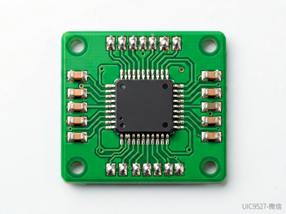 绿色PCB板上SSOP16芯片与铜线走线的俯视图（AI 生成）