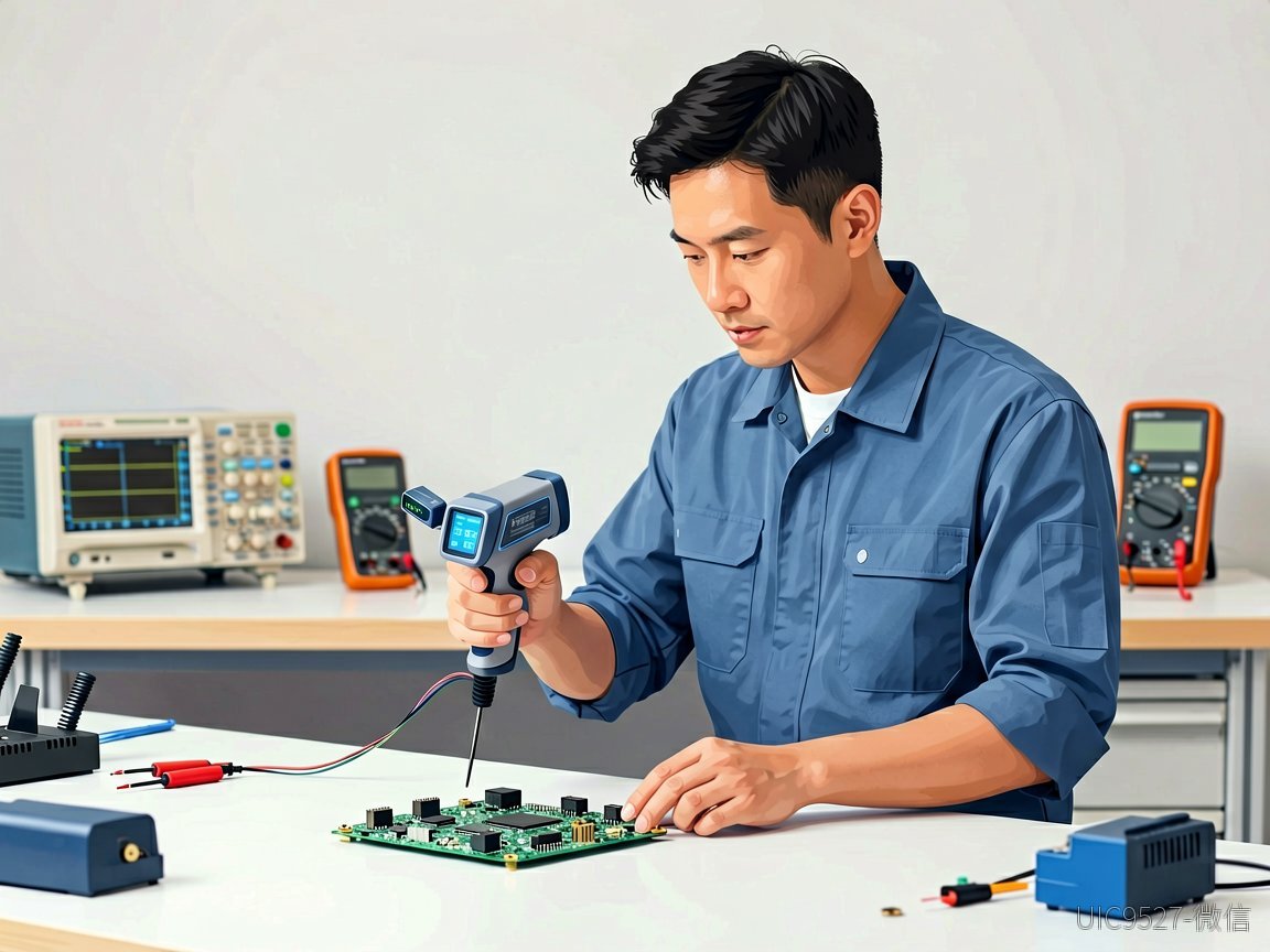 AH8652应用电路图选型失败率为何居高不下?AH8652 应用电路图 工程师手持ESD测试枪对电路板进行静电放电测试(AI 生成)