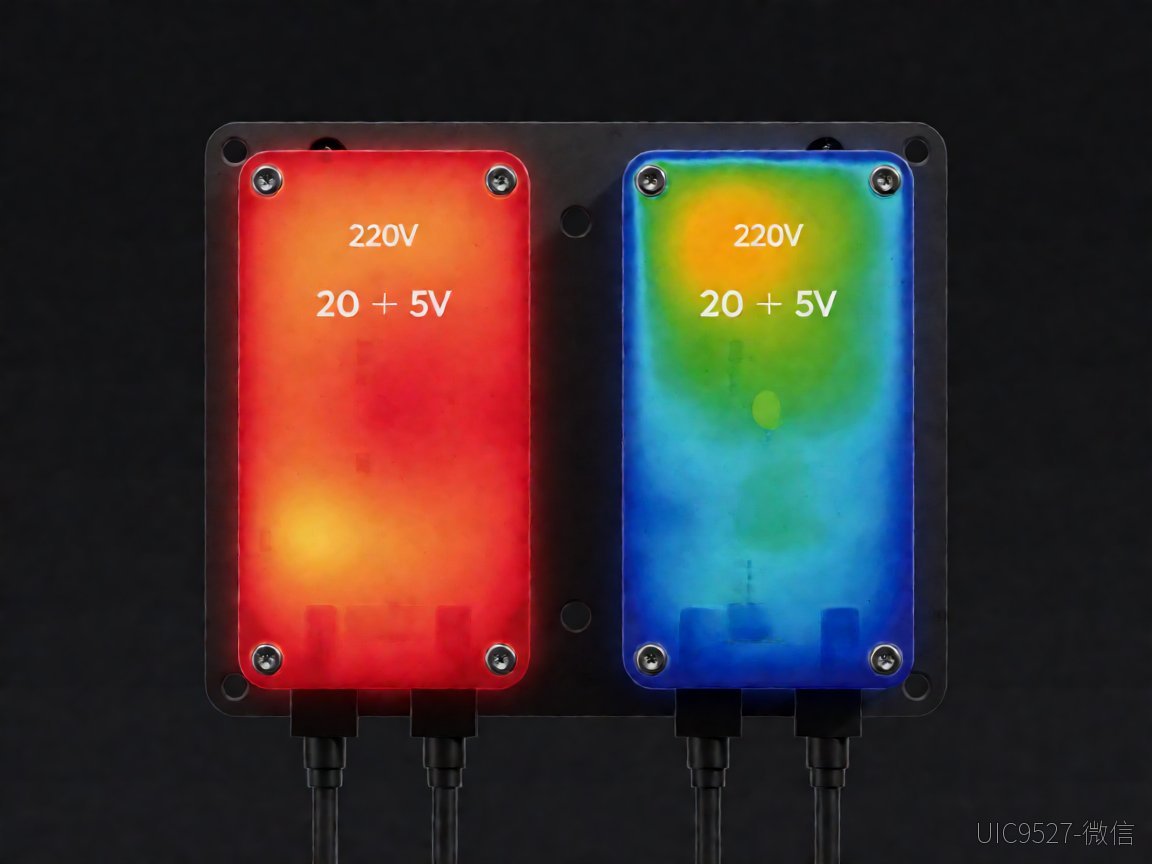 220V转5V芯片接线图?小批量选错型号更致命220v转5v芯片接线图 热成像视角下的两个220V转5V转换模块,一个发红高温,一个呈蓝绿色低温(AI 生成)
