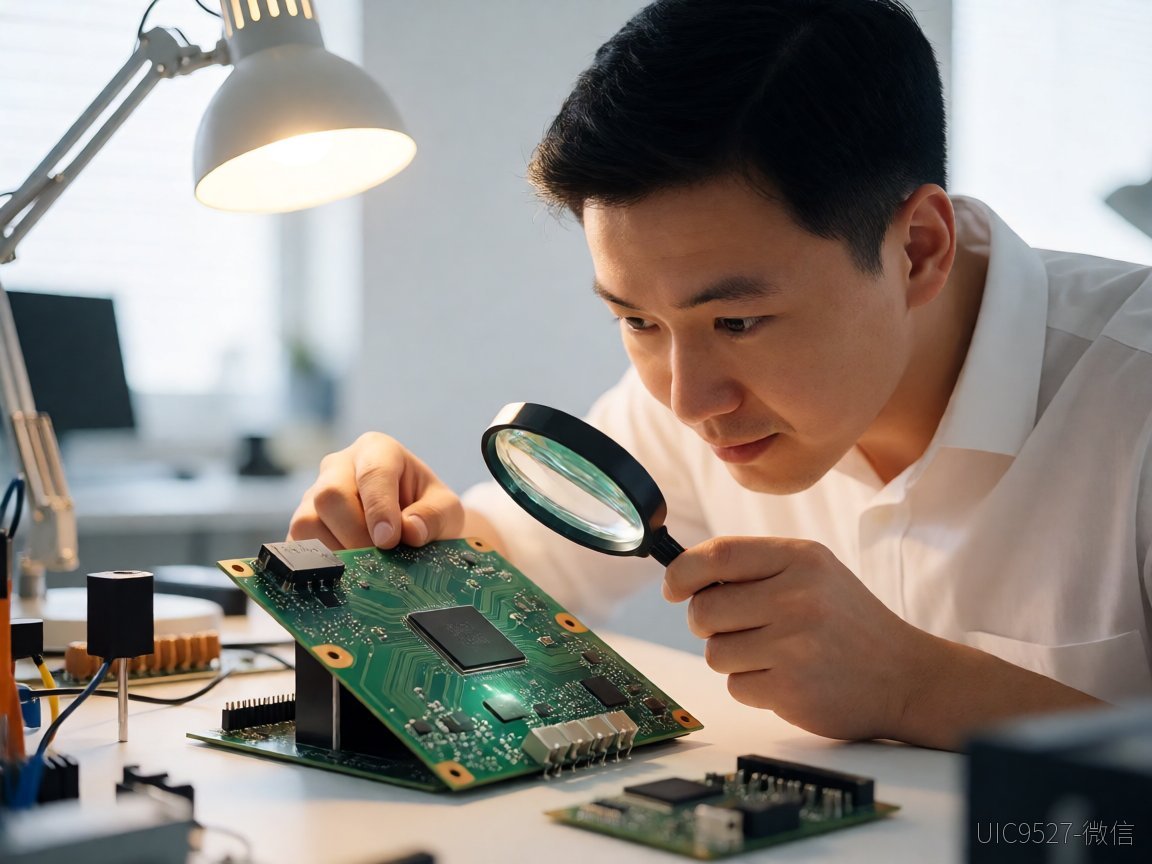 工程师在实验室用放大镜检测LED驱动电路板（AI 生成）