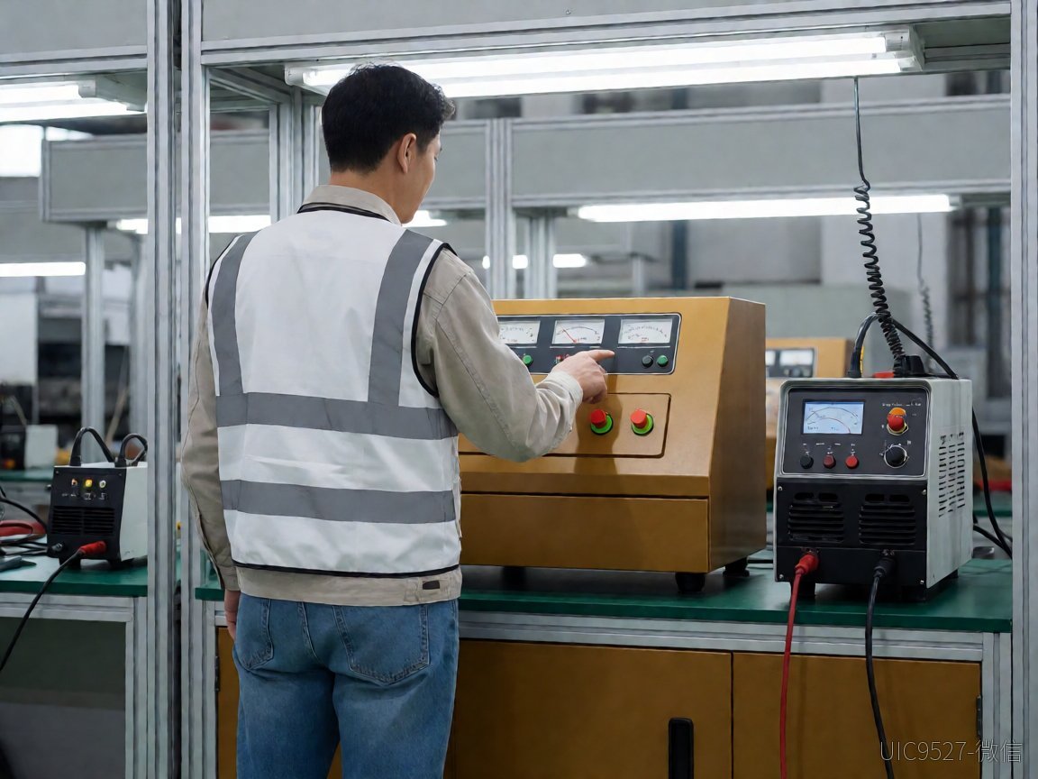 工程师在测试台上检查车载充电模块电压读数（AI 生成）