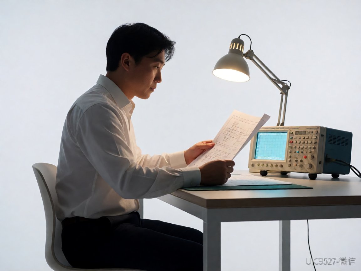 12V转5V选这颗芯片,省掉大半EMI整改麻烦12V转5V电路原理 Engineer reviewing schematics at a workbench beside an oscilloscope display(AI 生成)