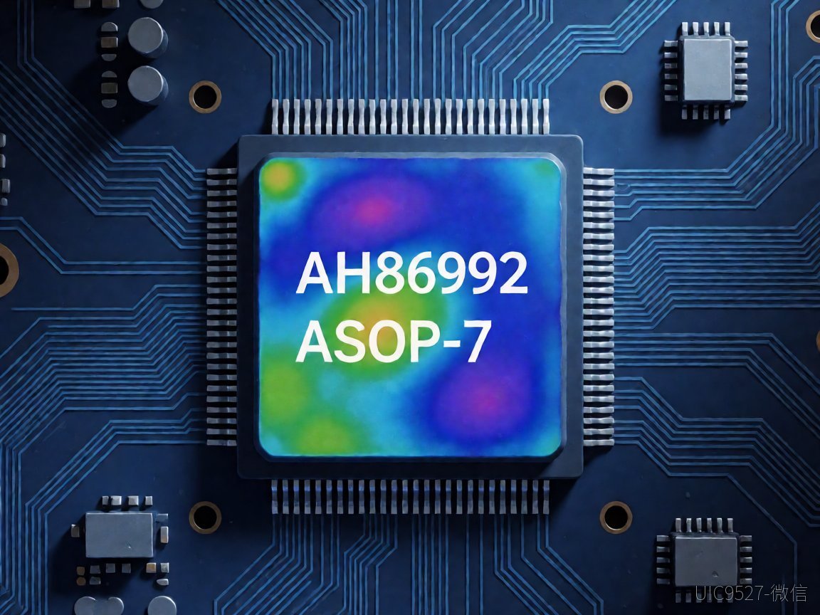 AH86992能解决电动工具的温漂、ESD、EMI三难AH86992 高压非隔离电源IC ASOP-7封装电源芯片特写,热成像效果展示散热分布(AI 生成)