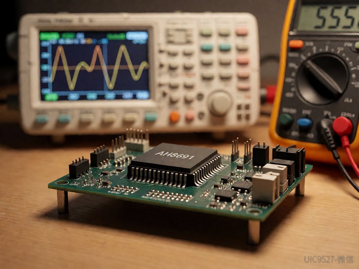 AH8691 buck converter IC on test board with oscilloscope（AI 生成）