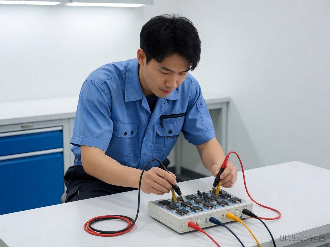 工程师手持示波器探头检测电源板上的MOS管芯片（AI 生成）