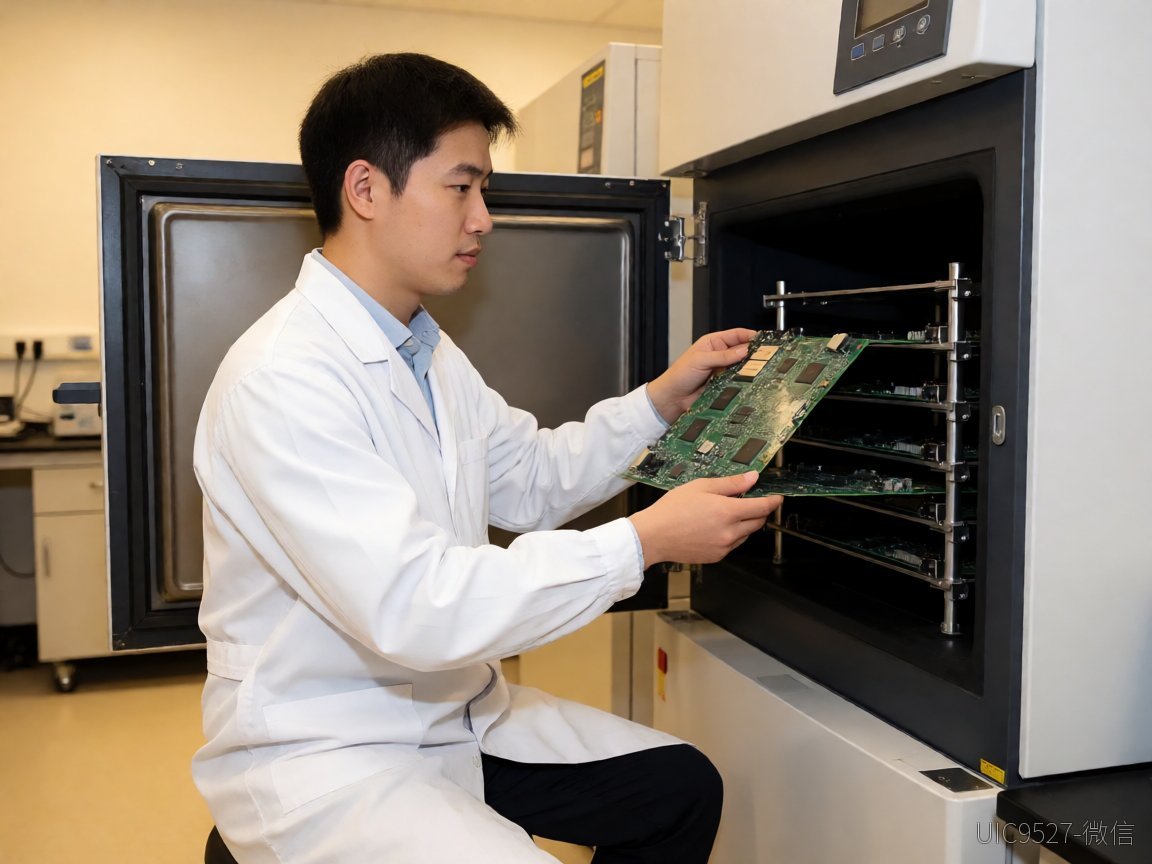 Technician operating thermal chamber with PCB test boards inside lab（AI 生成）