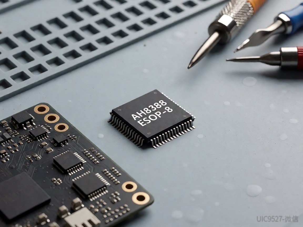 AH8388芯片与PCB板平放对比展示封装尺寸（AI 生成）