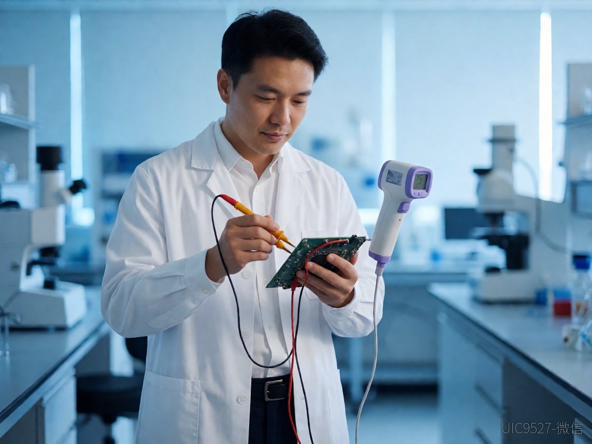 AH8693A小批量试产:温漂与批次一致性才是真坑220V转5V AH8693A芯片 Circuit board component testing with multimeter and temperature instrument(AI 生成)