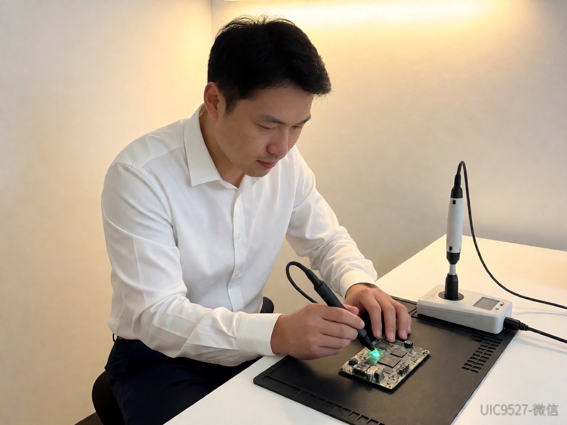 工程师使用近场探头扫描电路板进行EMI测试（AI 生成）