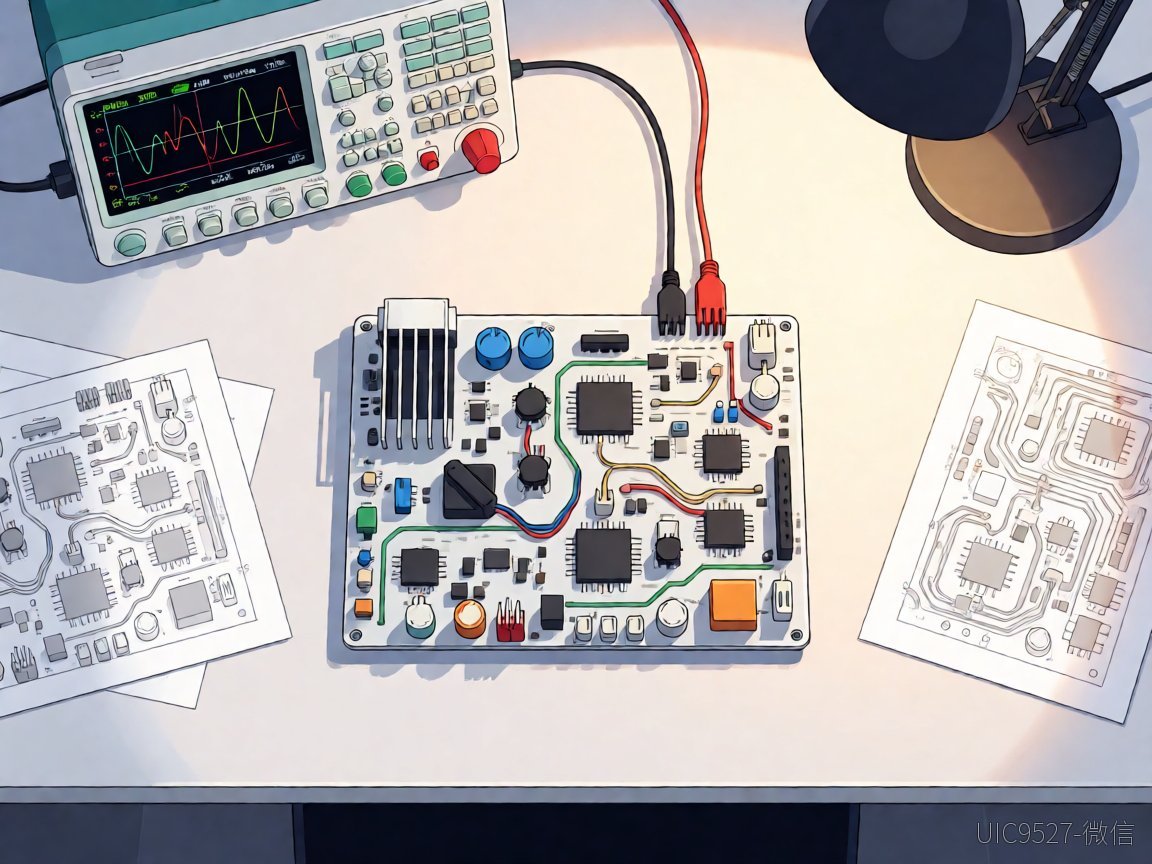 Oscilloscope and evaluation board on a workbench showing test results（AI 生成）
