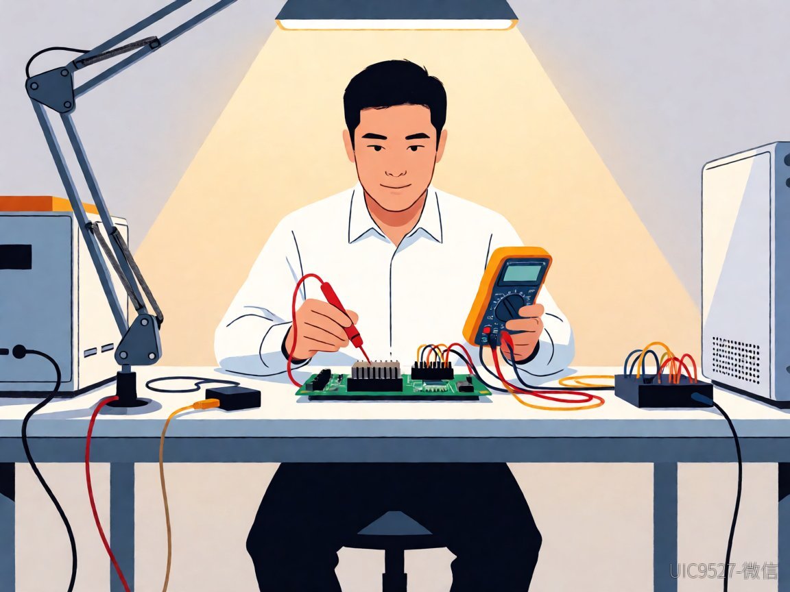 12V转5V AH8322芯片替代:看这5点就够了12V转5V AH8322芯片 Engineer testing DC-DC converter circuit board with multimeter(AI 生成)