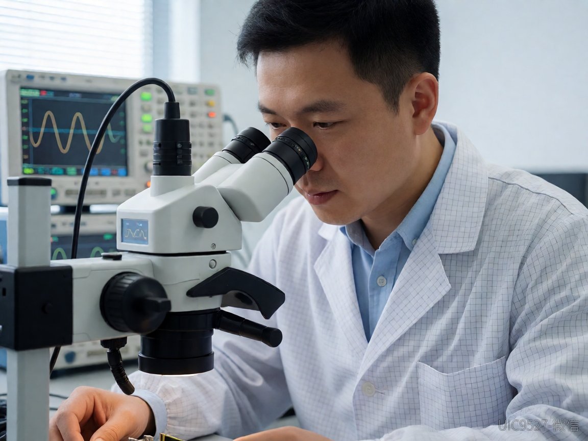Technician inspecting electronic components under a digital microscope（AI 生成）
