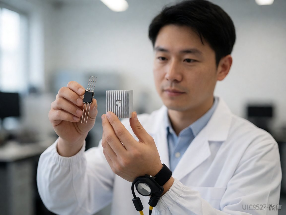 工程师手持散热片与电源管理芯片对比展示（AI 生成）